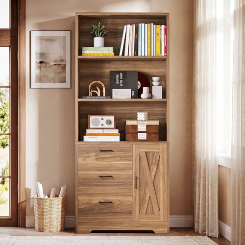 IRONCK Bookshelf with Doors and 3 Drawers 71 in Tall Bookshelf with Storage, Industrial Book Shelf with 3-Tier Shelves for Living Room Entrance Hallway Home Office - color: Oak Brown