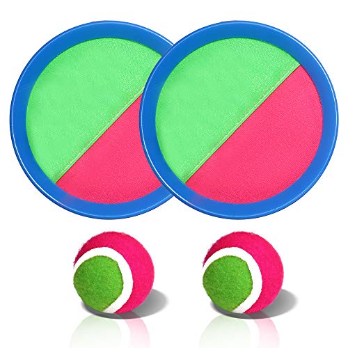 Novelty Place Toss and Catch Ball Set - Paddle toss Ball Toy Throw and Catch Game - Ball Catching Outdoor Sports Fun for Kids - 2 Self Stick Paddles, 2 Fuzzy Balls & A Storage Bag