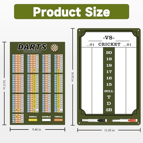 Darts Scoreboard - Dry Erase Dart Scoreboard for 301, 501 and Cricket Games - Come with Darts Scorebook & 2 Pens