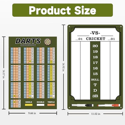 Darts Scoreboard - Dry Erase Dart Scoreboard for 301, 501 and Cricket Games - Come with Darts Scorebook & 2 Pens