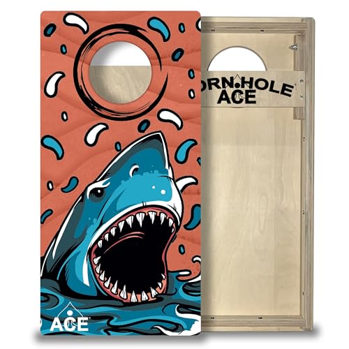 CornholeAce Tailgate Size Cornhole Boards - Regulation 6 inch Hole - Measures 32 inches by 16 inches - Perfect for Travel, Vacations, Beaches, Tailgating, Picnics or Camping - color: Shark
