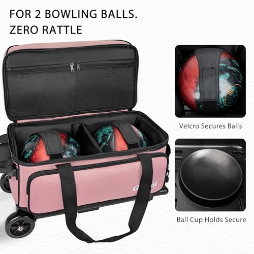 Goloni Double Roller 2 Ball Bowling Bag with Separate Shoe Compartment,2 Ball Bowling Bag with Wheels,Retractable Handle Extends to 40" - color: Meat pink