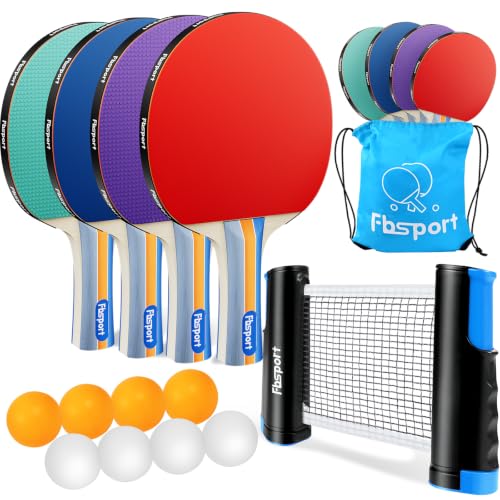FBSPORT Ping Pong Paddle Set, Table Tennis Set with 4 Rackets and 8 Balls, Retractable Net with Storage Bag - Pingpong Paddle Accessories for Indoor/Outdoor Games - color: Red Blue Teal Purple