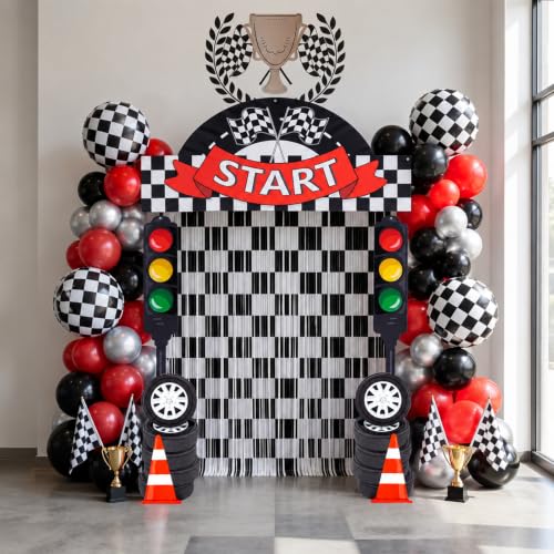 Peryiter 88 Pcs Race Car Party Decorations Set Checkered Start Backdrop Banner Black White Checker Foil Fringe Curtain Balloon Arch Kit, Racing Supplies for Birthday Car Show Kart Theme Games - style: Race Car