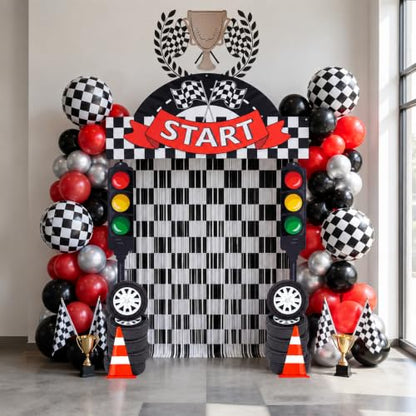 Peryiter 88 Pcs Race Car Party Decorations Set Checkered Start Backdrop Banner Black White Checker Foil Fringe Curtain Balloon Arch Kit, Racing Supplies for Birthday Car Show Kart Theme Games - style: Race Car