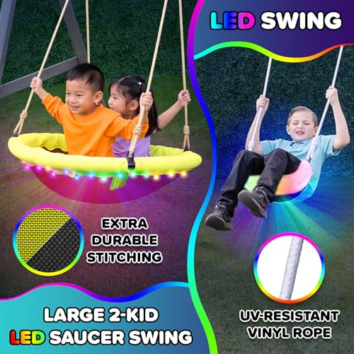 Sportspower Amelia Galaxy Cedar Wooden Swing Set for Night Play with 2 LED Swings, Play Fort with Sandbox, Heavy Duty Double A-Frame, on 6ft LED Slide, Bonus Anchor Kit
