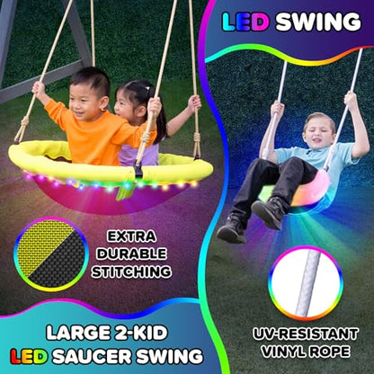 Sportspower Amelia Galaxy Cedar Wooden Swing Set for Night Play with 2 LED Swings, Play Fort with Sandbox, Heavy Duty Double A-Frame, on 6ft LED Slide, Bonus Anchor Kit