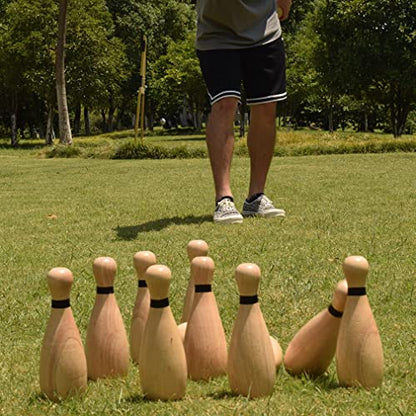 Long game NI-ROU Outdoor Giant Lawn Bowling Games Rubber Wooden Lawn Set Fun Sports Games Outside or Indoor for Family Adults and Kids Backyard Skittles Carrying Bag with 10 Pins and 2 Balls - size: Medium