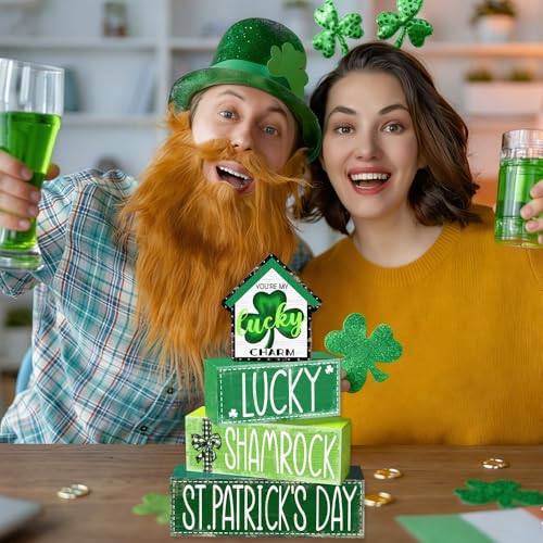 DIYDEC 4Pcs St.Patrick's Day Table Decoration Shamrocks House Wooden Block Signs Rustic St. Patrick Tiered Tray Decor Happy St.Patrick's Day Centerpiece Sign for Farmhouse Holiday Tabletop Party Decor - style: St.Patrick's Day House