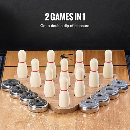 VEVOR Shuffleboard Table, 11.5 ft Shuffleboard for Family Game Rooms, 2 in 1 Shuffleboard and Bowling Combo Game Set, with Scratch-Resistant Playfield, Legs, 8 Pucks, Bowling Set, Wax, and Table Brush - size: 12ft