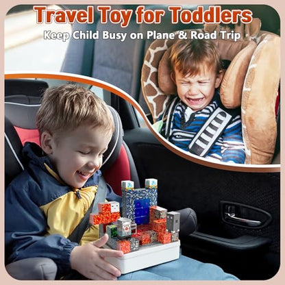 70PCS Magnetic Building Blocks Travel Toys for Kids Ages 4-8, Lava Portal Mini Magnetic Blocks with Iron Storage Box, Portable Magnet Cubes STEM Learning Set for Toddler Boys Girls Ages 3+ - style: Lava Portal