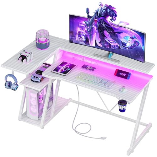 Korfile 47 Inch White Gaming Desk with Power Outlet & LED Lights, Corner Computer Desk with 3 Tiers Storage Shelves, L Shaped Gaming Desk with Monitor Stand for Bedroom - color: Carbon Fiber White, size: 47 Inches