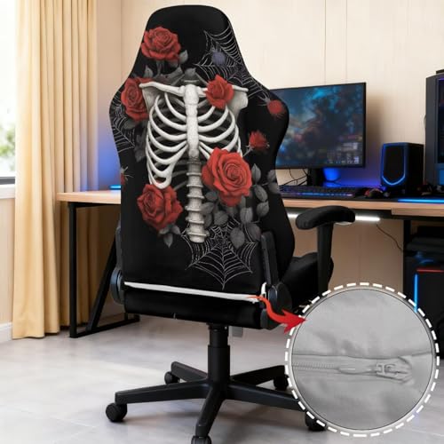 Skeleton Rose Print Gaming Chair Covers Slipcovers Spider Web Print Gamer Desk Chair Cover with 2 Armrest Covers Fits Most Office/PC Chairs & Racing Style Seats, Home Decor - color: Black - Skeleton Rose Spider Web