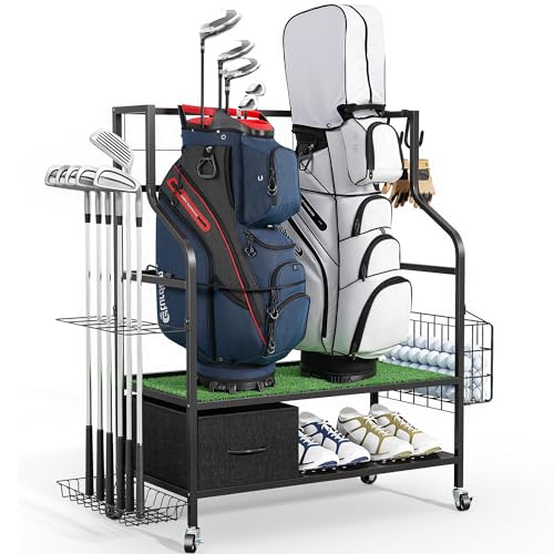 Golf Bag Organizer Storage Rack, Rolling Golf Storage Organizer for Garage, Golf Equipment Holder with Wheels, Turf Mat, Carbon Steel - size: 31.5 in (L) x 15.8 in (W) x 37.4 in (H)