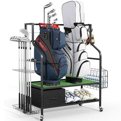 Golf Bag Organizer Storage Rack, Rolling Golf Storage Organizer for Garage, Golf Equipment Holder with Wheels, Turf Mat, Carbon Steel - size: 31.5 in (L) x 15.8 in (W) x 37.4 in (H)