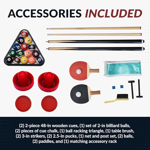 Hathaway Triple Threat Multi Game Table – Space-Saving Rotating Playfield for 6ft Pool Table, Air Hockey Table, & Table Tennis - 3 in 1 Game Table with Complete Accessories & Display Rack