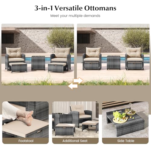 Tangkula 5 Pieces Patio Conversation Set, PE Wicker Rattan Outdoor Furniture Set with 2 Chairs, 2 Ottomans & Tempered Glass Coffee Table, Ideal for Poolside, Backyard, Lawn, Deck, Mix Grey & Beige - color: Mix Grey & Beige