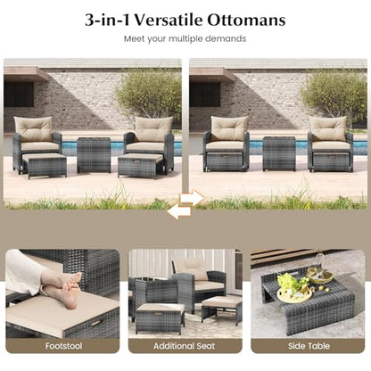 Tangkula 5 Pieces Patio Conversation Set, PE Wicker Rattan Outdoor Furniture Set with 2 Chairs, 2 Ottomans & Tempered Glass Coffee Table, Ideal for Poolside, Backyard, Lawn, Deck, Mix Grey & Beige - color: Mix Grey & Beige