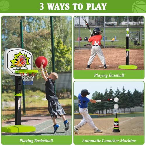 3 in 1 Toddler Basketball Hoop and Tee Ball Set for Boys: Kids Baseball Tee with Automatic Pitching Machine Adjustable Height Indoor and Outdoor Sports Toys Christmas Birthday Gifts for Boy Age 3-12 - style: Green Basketball Hoop