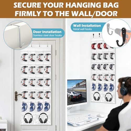 Headset & Controller Holder Wall Mount, 24 Pockets PVC Clear Storage Organizer Headphones/Controller/DVD Gaming Room Accessories, with 4 Hanging Door Hooks and 4 Wall Hooks