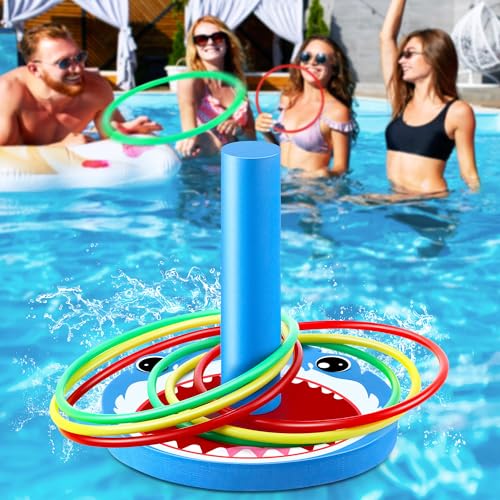 Hiboom Pool Ring Toss Games Toys, Swimming Pool Games for Adults and Family with 6 Pcs Throwing Rings, Water Foam Toss Float Toys for Summer Outdoor, Beach, Yard, Party(Shark) - style: Shark