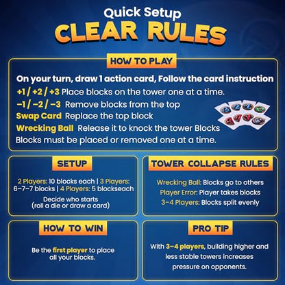 wreckingball Tower Stack Game - Ultimate Stacking Tower Game Adult & Family - Strategy Block Games for Kids & Adults - Tumbling Tower with Action Cards & Wrecking Ball - Fun Party & Block Game Set