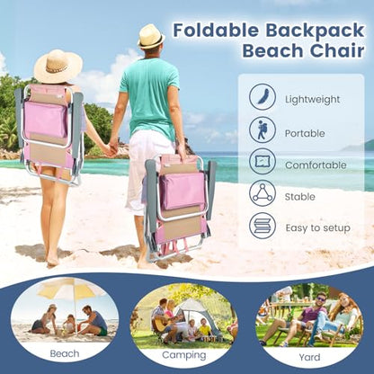 Tangkula Set of 2 Backpack Beach Chair, 5-Position Lay Flat Beach Chairs with Cooler Bag, 2 Cup Holders, Towel Bar, Lightweight Folding Beach Chair with Backpack Straps - color: Pink, style: 2 Pack