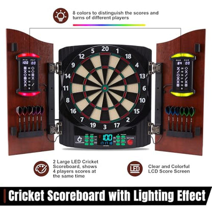 Electronic Dart Board with Wooden Door, Electric Dartboard with Heckler & Light Effects, Digital Soft Tip Dartboards for Game Room Man Cave Bar, 12 Darts, 100 Soft Tips