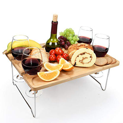 Tirrinia Portable Wine Picnic Table, Ideal Wine Gift for Women Men, Small Folding Outdoor Picnic & Cheese Tray with 4 Wine Glasses Holder for Camping, Park, Beach, Garden, Concerts,Steel Legs - size: 17" x 12.6"