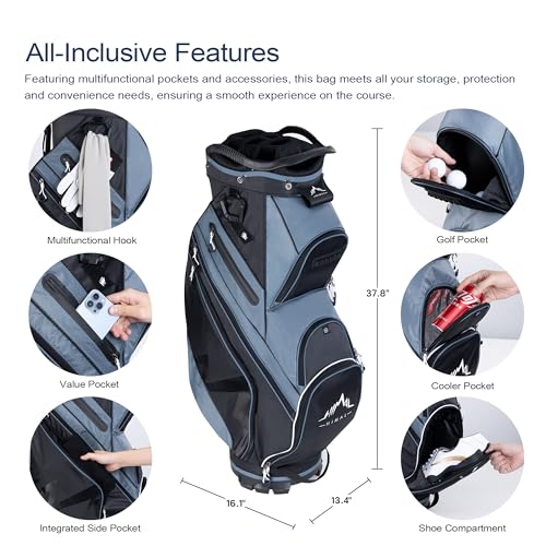 uniHimal 14-Way Golf Cart Bag with Organizer Divider & Rain Cover - color: Black-Foggy Blue
