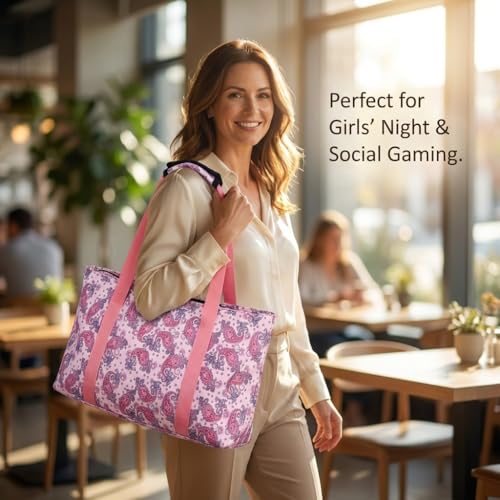 Mahjong Tote Bag for Tiles Racks & Pusher - Pink Printed Empty Mahjong Bag Set, Stylish Gift Bag for Girls’ Night & Post-Brunch Games (Case Only) - color: Pink Paisley Printed