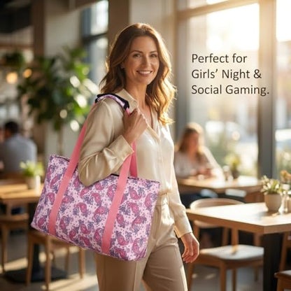Mahjong Tote Bag for Tiles Racks & Pusher - Pink Printed Empty Mahjong Bag Set, Stylish Gift Bag for Girls’ Night & Post-Brunch Games (Case Only) - color: Pink Paisley Printed