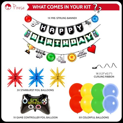 Pirese Video Game Birthday Decorations, Gaming Birthday Party Decorations for Boys, Gamer Birthday Banner & Party Supplies, Pre-Strung Game On Level Up Banner, Controller & Starburst Balloons for Kids