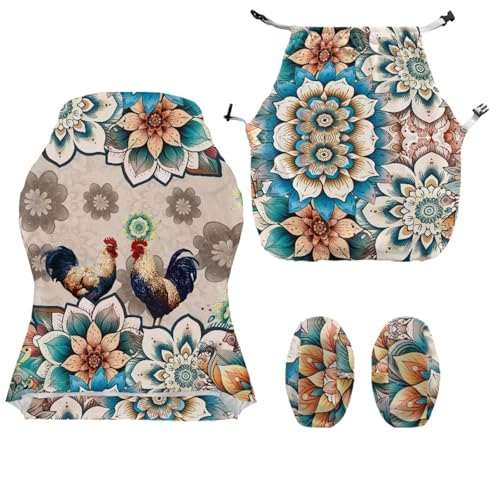 Rooster Print Gaming Chair Slip Cover Set Boho Mandala Flower Print Gaming Chair Covers Slipcovers 4Pcs with Armrest Cover Universal Fit for Desk/Swivel/Rotating Chairs Protector - color: Brown - Rooster Boho Mandala Flower