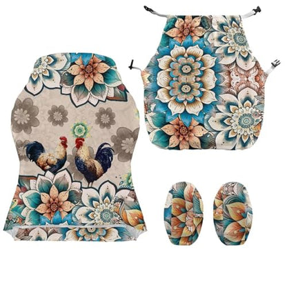 Rooster Print Gaming Chair Slip Cover Set Boho Mandala Flower Print Gaming Chair Covers Slipcovers 4Pcs with Armrest Cover Universal Fit for Desk/Swivel/Rotating Chairs Protector - color: Brown - Rooster Boho Mandala Flower