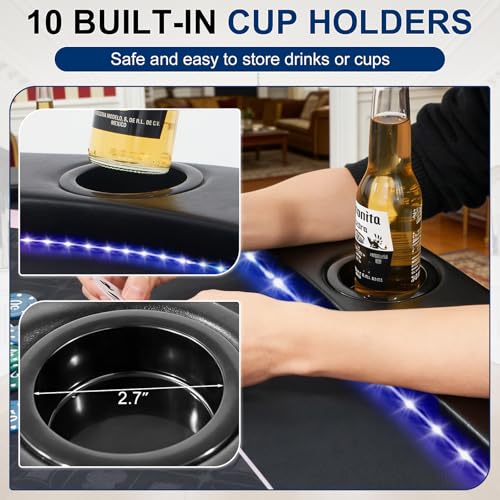 RAYKEEP LED Foldable Poker Table, 10 Players Folding Texas Holdem Blackjack Casino Table w/Inlaid 3-Color LED Light, Padded Rails & Cup Holders, Portable Card Game Table for Home Game Room & Parties - color: 84" Led