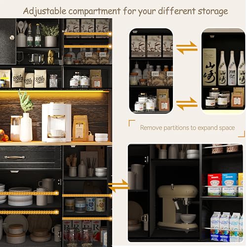 FJTJBSI 72" Kitchen Pantry Cabinet with LED Light and Charging Station Tall Pantry Storage Cabinet with Adjustable Shelves and Door Shelves Modern Kitchen Hutch with Countertop Black - color: Black