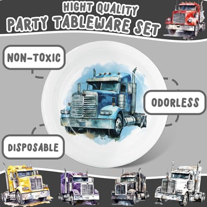 Semi Truck Birthday Party Favors & Tableware Set - Semi Truck Theme Plates, Napkins, Forks - style: Semi Truck
