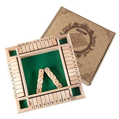 AMEROUS 1-4 Players Shut The Box Dice Game,Classic 4 Sided Wooden Board Game with 10 Dice and Instructions for Kids Adults, Tabletop Version - size: 8.66 inches