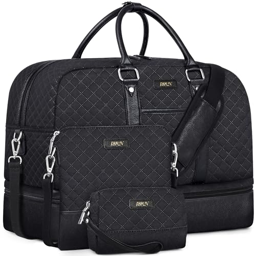 Weekender Bag for Women, Large Overnight Bag Canvas Travel Duffel Bag Carry On Tote with Shoe Compartment 21" 3Pcs Set - color: A06-black+black