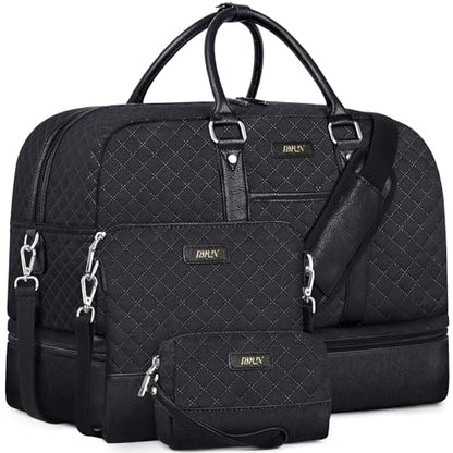 Weekender Bag for Women, Large Overnight Bag Canvas Travel Duffel Bag Carry On Tote with Shoe Compartment 21" 3Pcs Set - color: A06-black+black