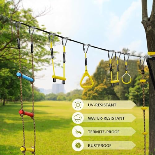 Ninja Warrior Obstacle Course for Kids,Fast-Setup Buckles—Up to 880 lbs,2x65ft Slack Lines for Backyard with with 14 Ninja Accessories-Swing Seat,Tree Swing,Rope Ladder,Ninja Ring,Arm Trainer - size: 14 Obstacles