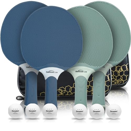 Senston Table Tennis Rackets Set,Professional Ping Pong Paddle Set for 4 Players, Composite Rubber Table Tennis Paddles, Indoor or Outdoor Games. - color: blue&green