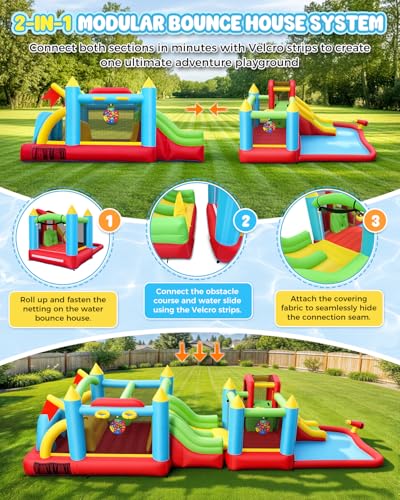 Whubefy Giant 29FT Bounce House Water Slide for Kids 3-12, Huge Sectional Obstacle Course Bouncy Castle with Slides/Tunnels/Climbing Walls/Jumping Area/Obstacles/Splash Pool/Basketball Hoops/Dartboard - style: 550+370W Blower