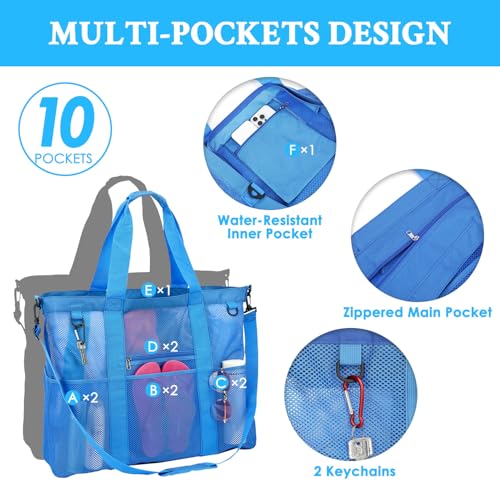 GYEUKHAM Mesh Beach Bag for Women, Sand-Resistant Pool Tote, 9 Pockets (1 Inner Zip), Foldable Family Travel Essentials - color: Extra Large - Blue