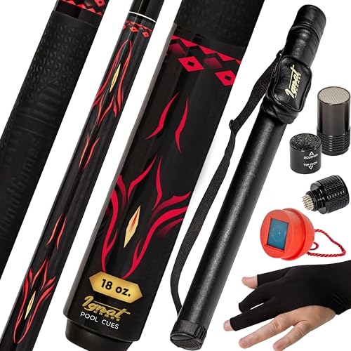 IgnatGames Professional Pool Cue Set – 58" 2-Piece Canadian Maple Stick with Low Deflection Shaft, Hard Case, Tip Maintenance Tool and Accessories - color: 18 oz. Red