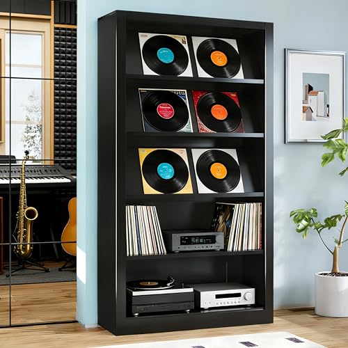 Large Vinyl Record Storage Cabinet, Heavy-Duty Metal Record Player Stand with Adjustable Shelves, 66" H Media Shelf Organizer for LP Albums, Turntable & Audio Equipment, Black - color: Black, size: 5 Tier