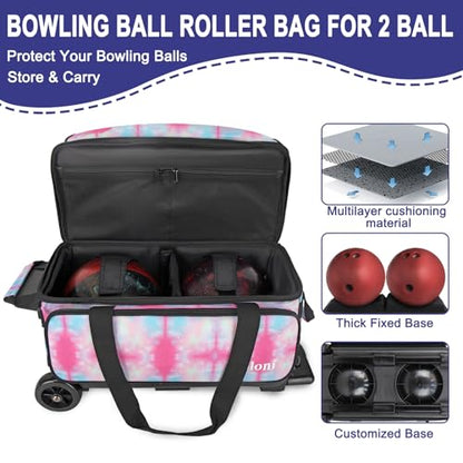 Goloni Double Roller 2 Ball Bowling Bag with Separate Shoe Compartment,2 Ball Bowling Bag with Wheels,Retractable Handle Extends to 40" - color: Dyeing