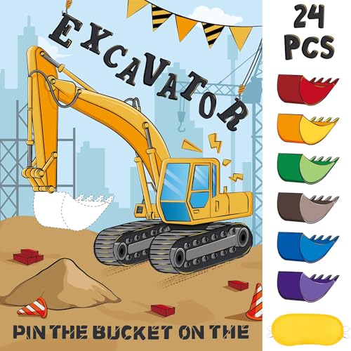 WERNNSAI Pin the Bucket on the Excavator Party Game - Construction Birthday Party Supplies for Boys Under Construction Theme Party Decorations Favors with 24 Pcs Stickers and Blindfold - style: Construction