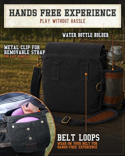 Disc Golf Bag | Frisbee Golf Bag | Easy to Carry | Lightweight Fits Up to 10 Discs | 16 oz Waxed Canvas Sturdy Design | Belt Loop | Double Button Design | Bottle Holder - style: Waxed Canvas / Leather - Black